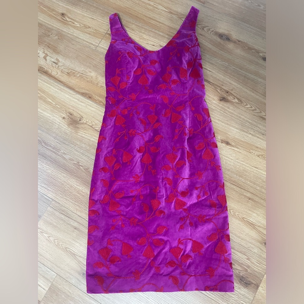 Etcetera velvet embroidered pinkish purple and red shift dress, size 4